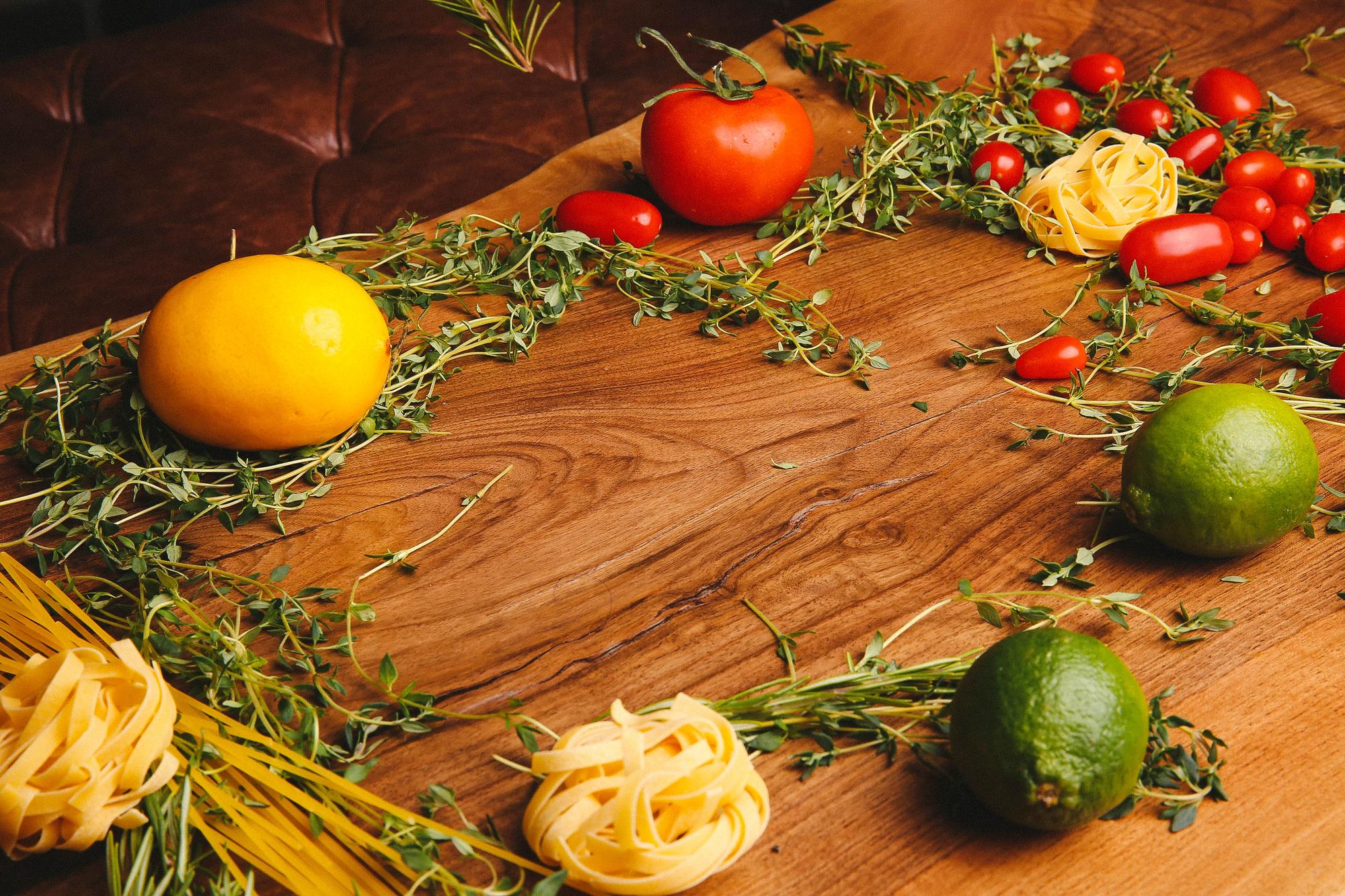 Arrangement of seasonal produce on wood